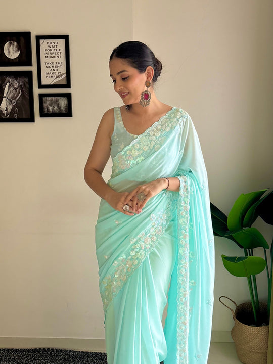 Sky C Pallu Embroidery Seqwance Work With Cut Work Border Saree With Blouse Piece