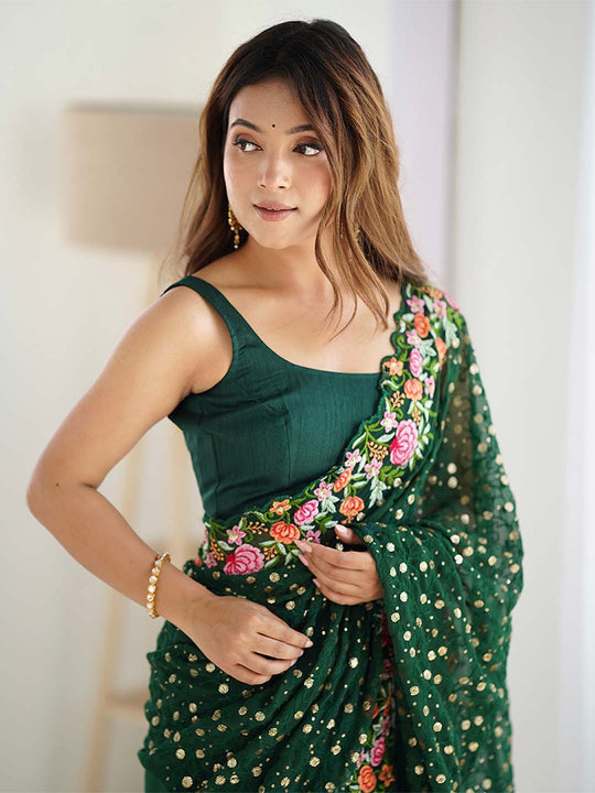 Soft Georgette Saree With Sequins Embroidery Work  With Blouse Piece