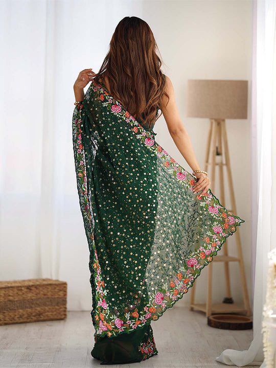 Soft Georgette Saree With Sequins Embroidery Work  With Blouse Piece