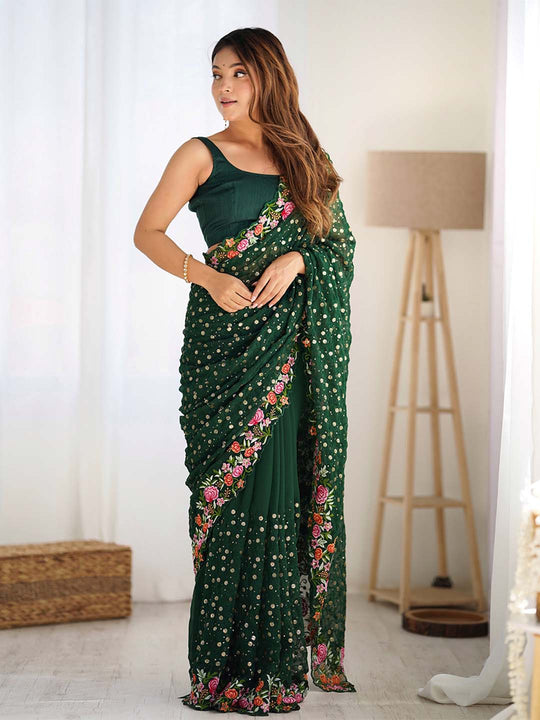 Soft Georgette Saree With Sequins Embroidery Work  With Blouse Piece