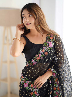 Soft Georgette Saree With Sequins Embroidery Work  With Blouse Piece