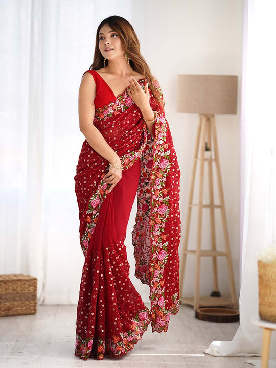 Soft Georgette Saree With Sequins Embroidery Work  With Blouse Piece
