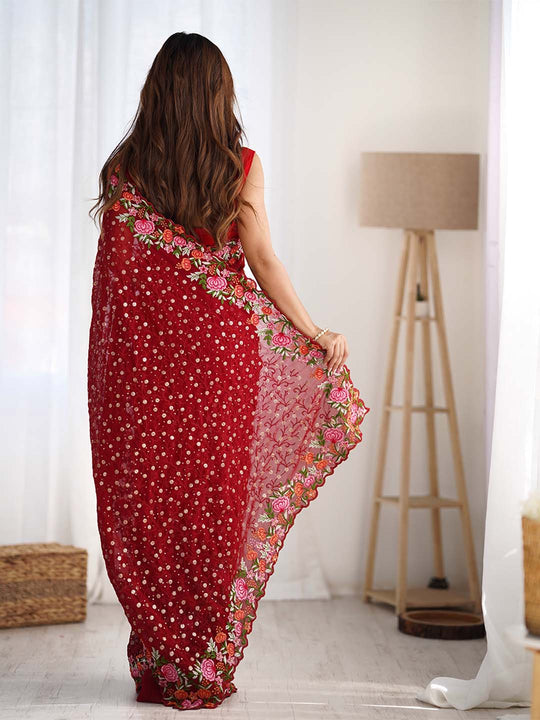 Soft Georgette Saree With Sequins Embroidery Work  With Blouse Piece