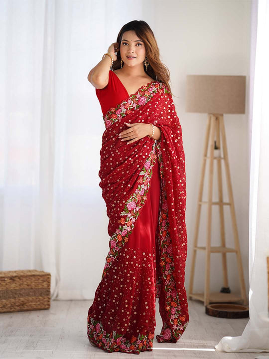 Soft Georgette Saree With Sequins Embroidery Work  With Blouse Piece