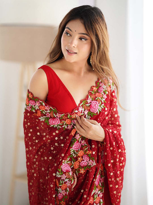 Soft Georgette Saree With Sequins Embroidery Work  With Blouse Piece