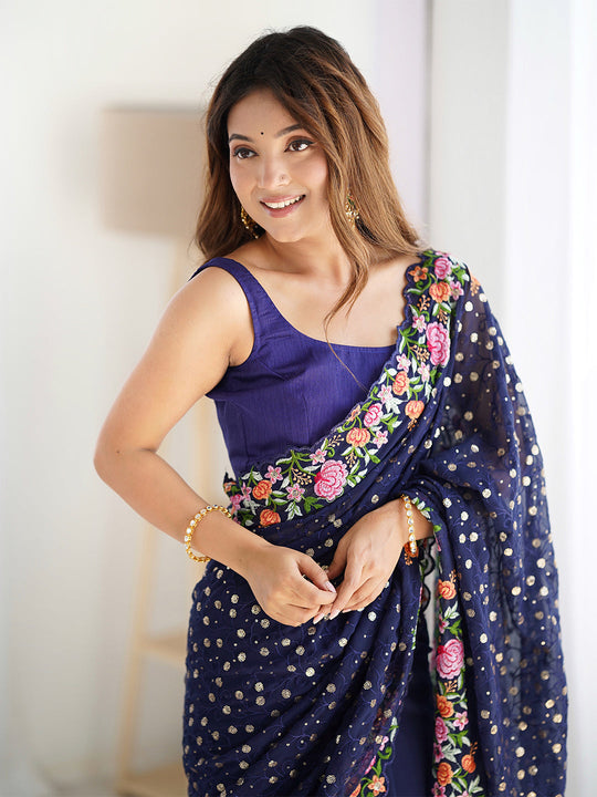 Soft Georgette Saree With Sequins Embroidery Work  With Blouse Piece