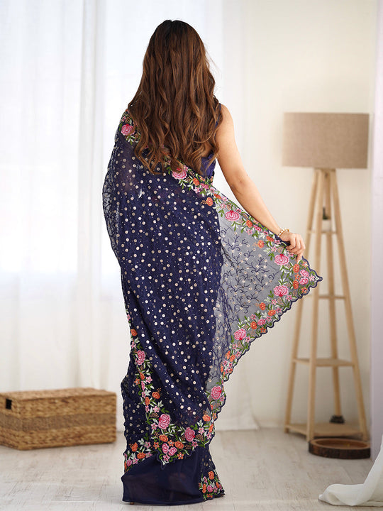 Soft Georgette Saree With Sequins Embroidery Work  With Blouse Piece