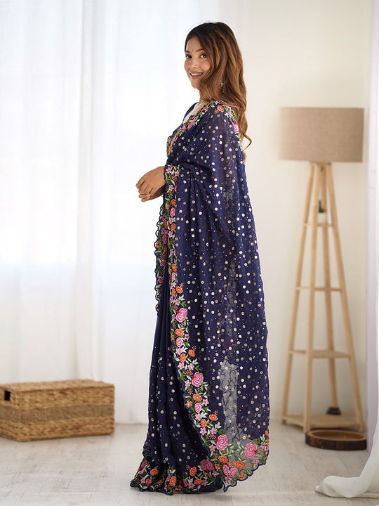 Soft Georgette Saree With Sequins Embroidery Work  With Blouse Piece