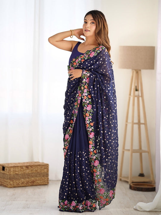 Soft Georgette Saree With Sequins Embroidery Work  With Blouse Piece