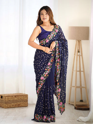 Soft Georgette Saree With Sequins Embroidery Work  With Blouse Piece