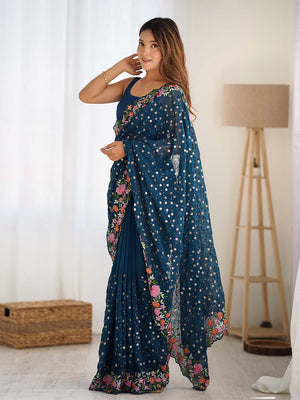 Soft Georgette Saree With Sequins Embroidery Work  With Blouse Piece