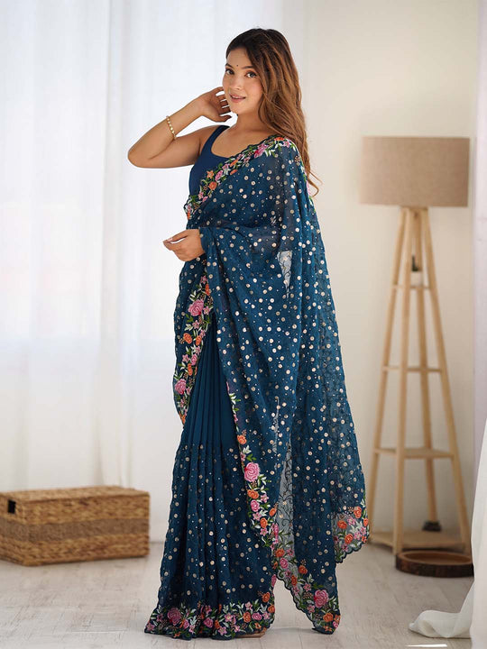 Soft Georgette Saree With Sequins Embroidery Work  With Blouse Piece