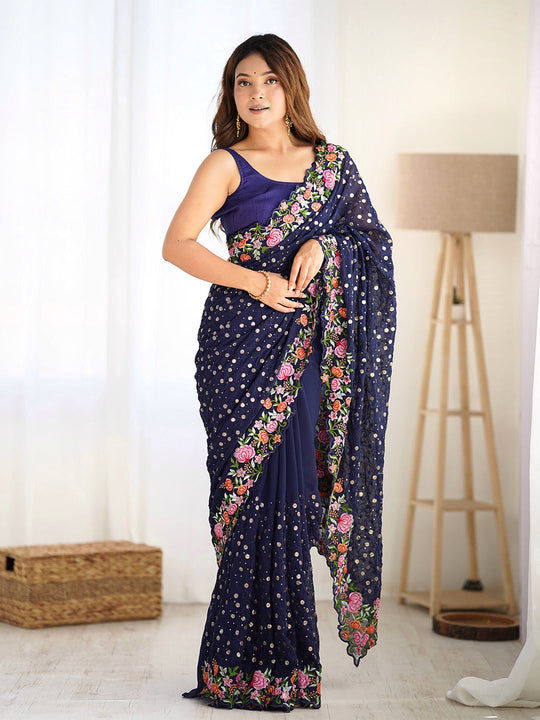 Soft Georgette Saree With Sequins Embroidery Work  With Blouse Piece