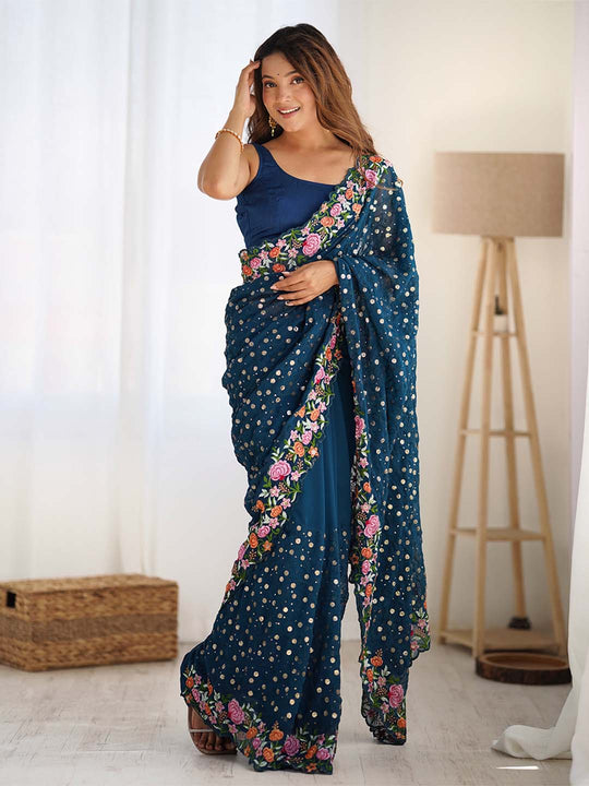 Soft Georgette Saree With Sequins Embroidery Work  With Blouse Piece
