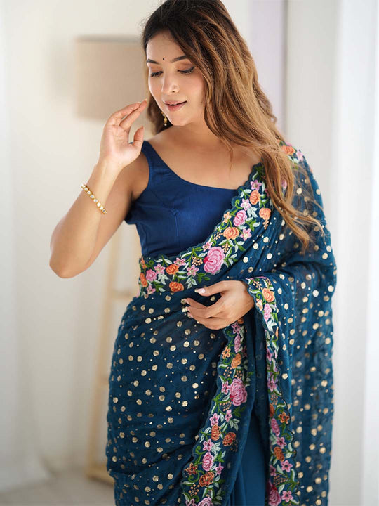 Soft Georgette Saree With Sequins Embroidery Work  With Blouse Piece