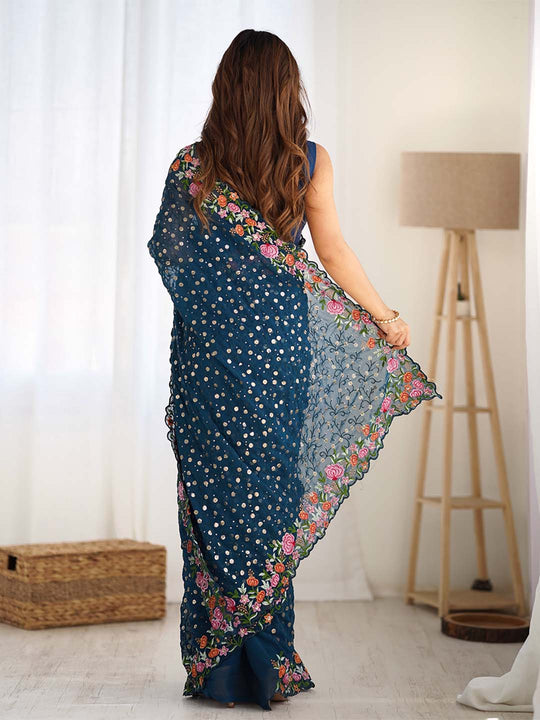 Soft Georgette Saree With Sequins Embroidery Work  With Blouse Piece