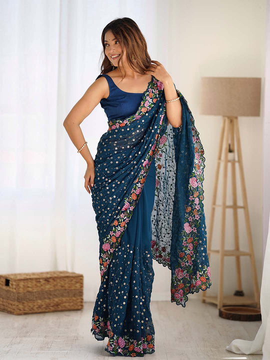 Soft Georgette Saree With Sequins Embroidery Work  With Blouse Piece