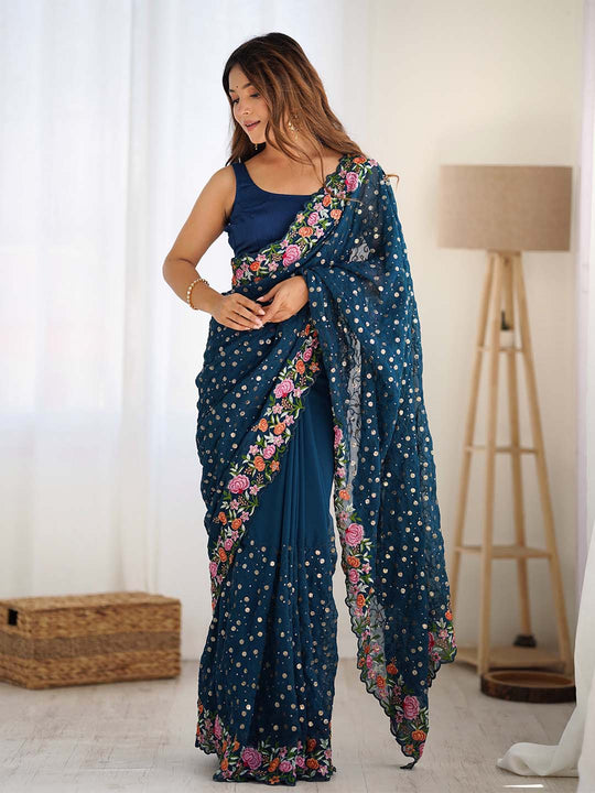 Soft Georgette Saree With Sequins Embroidery Work  With Blouse Piece