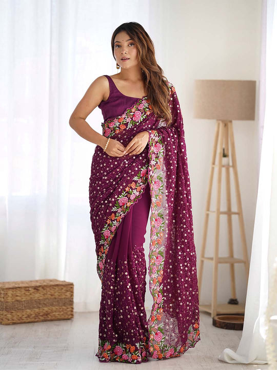 Soft Georgette Saree With Sequins Embroidery Work  With Blouse Piece