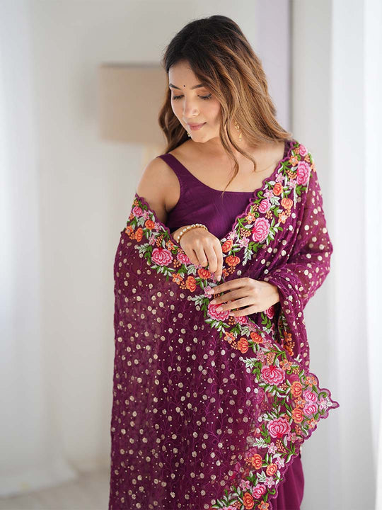 Soft Georgette Saree With Sequins Embroidery Work  With Blouse Piece