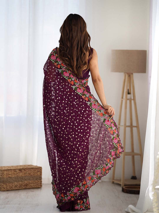 Soft Georgette Saree With Sequins Embroidery Work  With Blouse Piece