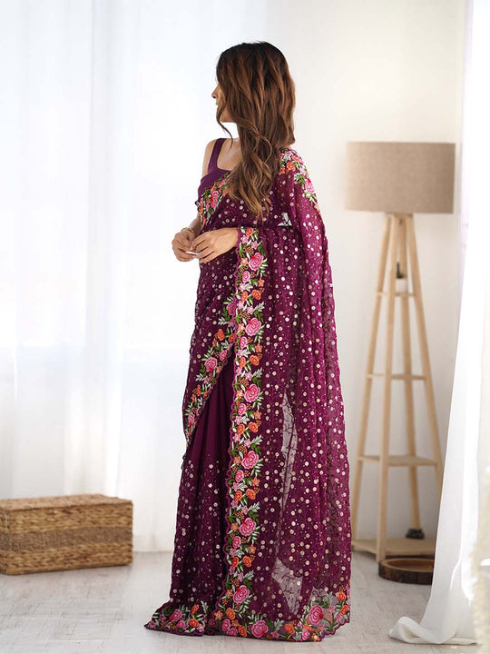 Soft Georgette Saree With Sequins Embroidery Work  With Blouse Piece