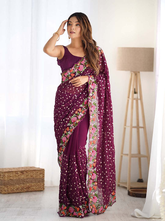 Soft Georgette Saree With Sequins Embroidery Work  With Blouse Piece