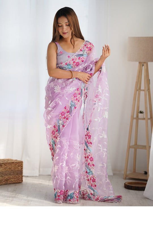 Pink Organza Sequins Embroidery Work With Cut Work Border Saree With Blouse Piece