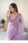 Pink Organza Sequins Embroidery Work With Cut Work Border Saree With Blouse Piece