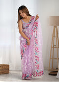 Pink Organza Sequins Embroidery Work With Cut Work Border Saree With Blouse Piece