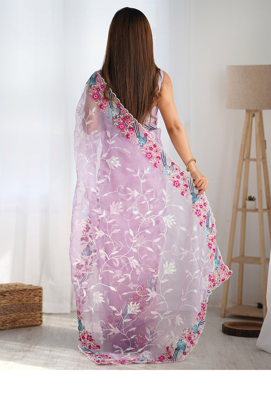 Pink Organza Sequins Embroidery Work With Cut Work Border Saree With Blouse Piece