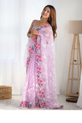 Pink Organza Sequins Embroidery Work With Cut Work Border Saree With Blouse Piece