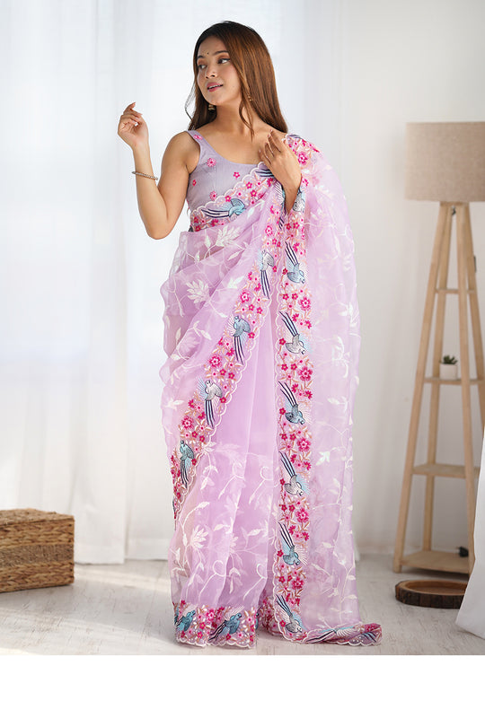 Pink Organza Sequins Embroidery Work With Cut Work Border Saree With Blouse Piece