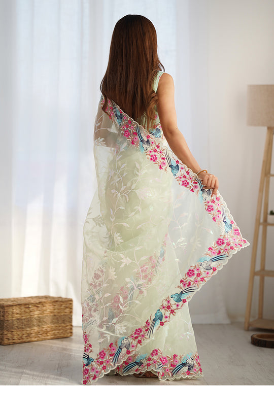 Pista Organza Sequins Embroidery Work With Cut Work Border Saree With Blouse Piece