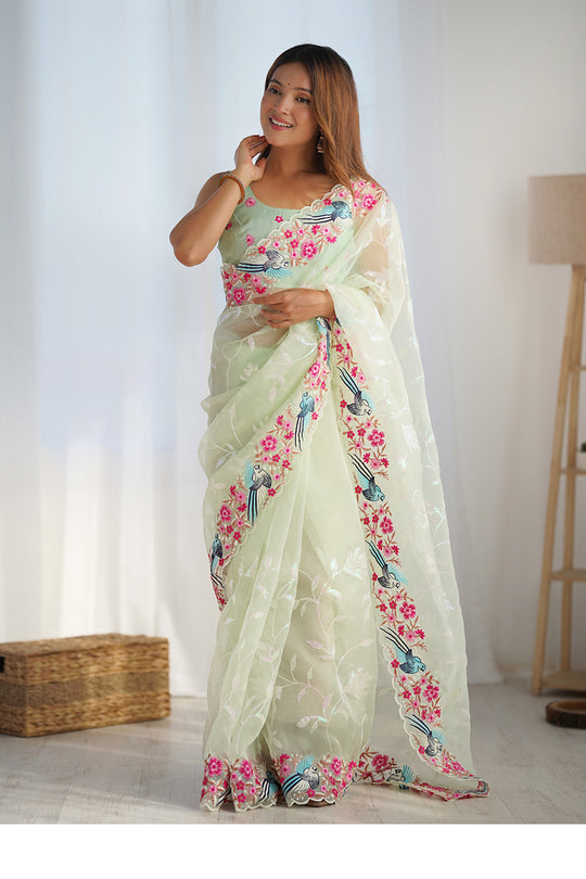 Pista Organza Sequins Embroidery Work With Cut Work Border Saree With Blouse Piece