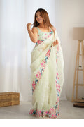 Pista Organza Sequins Embroidery Work With Cut Work Border Saree With Blouse Piece