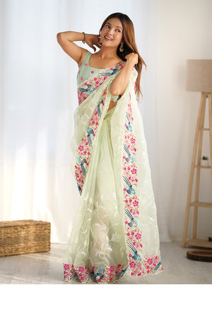 Pista Organza Sequins Embroidery Work With Cut Work Border Saree With Blouse Piece