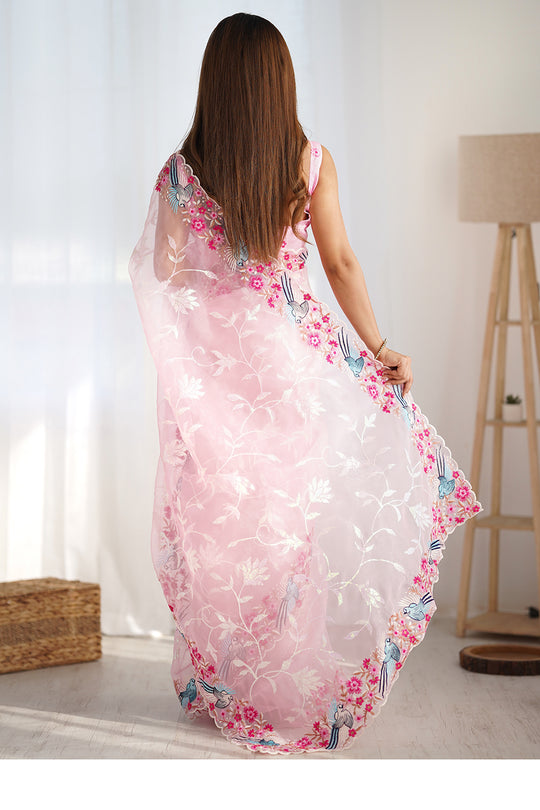 Light Pink Organza Sequins Embroidery Work With Cut Work Border Saree With Blouse Piece