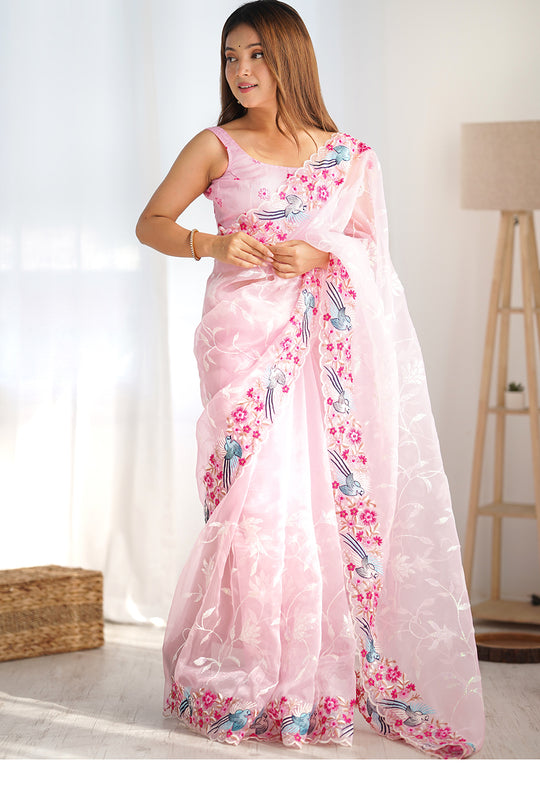 Light Pink Organza Sequins Embroidery Work With Cut Work Border Saree With Blouse Piece