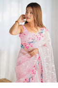 Light Pink Organza Sequins Embroidery Work With Cut Work Border Saree With Blouse Piece
