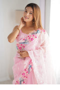 Light Pink Organza Sequins Embroidery Work With Cut Work Border Saree With Blouse Piece