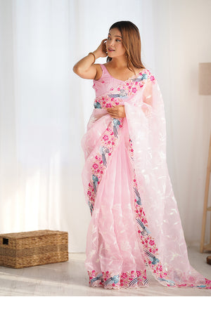 Light Pink Organza Sequins Embroidery Work With Cut Work Border Saree With Blouse Piece