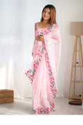 Light Pink Organza Sequins Embroidery Work With Cut Work Border Saree With Blouse Piece