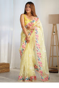 Yellow Organza Sequins Embroidery Work With Cut Work Border Saree With Blouse Piece