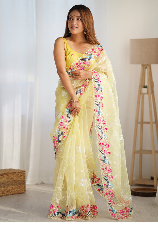 Yellow Organza Sequins Embroidery Work With Cut Work Border Saree With Blouse Piece