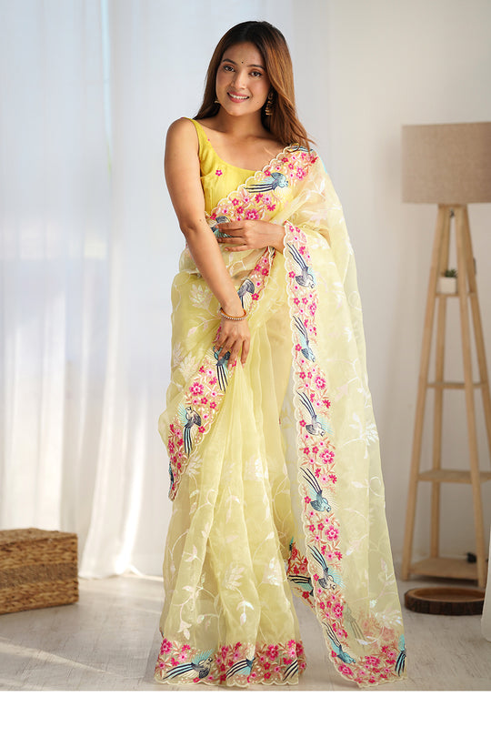 Yellow Organza Sequins Embroidery Work With Cut Work Border Saree With Blouse Piece