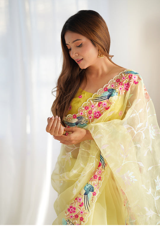 Yellow Organza Sequins Embroidery Work With Cut Work Border Saree With Blouse Piece