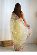 Yellow Organza Sequins Embroidery Work With Cut Work Border Saree With Blouse Piece