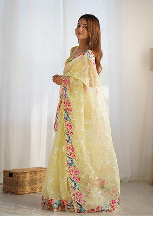 Yellow Organza Sequins Embroidery Work With Cut Work Border Saree With Blouse Piece