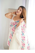 White Organza Sequins Embroidery Work With Cut Work Border Saree With Blouse Piece